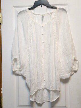 Monoreno White Boho Peasant Blouse Sz L 3/4 Balloon Sleeve Button Crochet Sheer